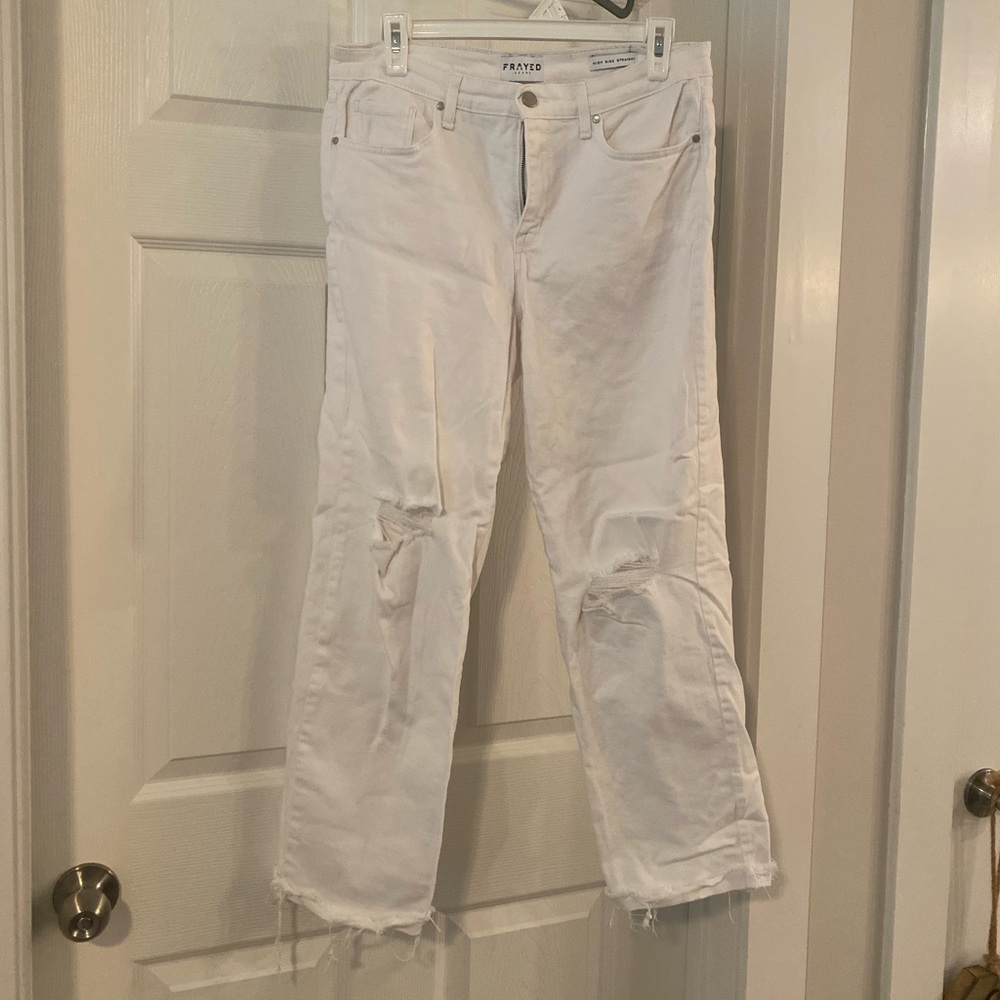 FRAYED Jeans - High Rise Straight Leg White Jeans - 29